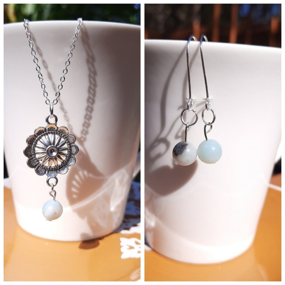 Amazonite Floral Necklace & Stone Earrings Bundle
